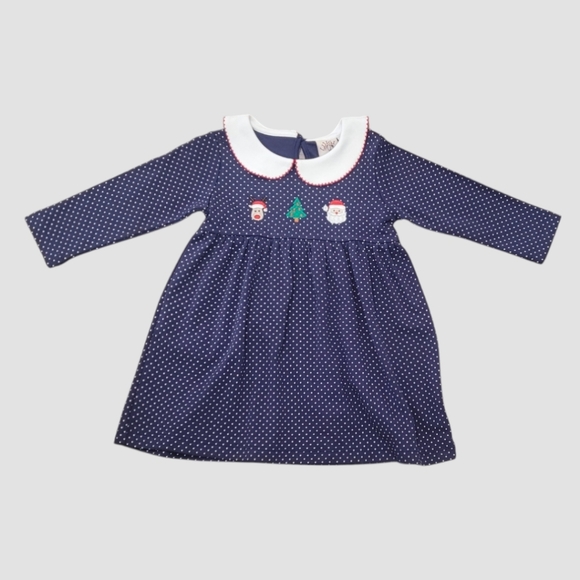 Lugi Kids Girl's Long Sleeve Navy Blue Polka Dot Dress with Christmas Embroidery - Picture 2 of 11